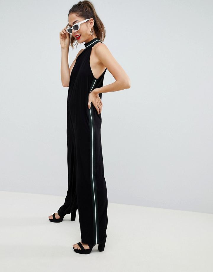Asos Design Halter Jumpsuit With Side Stripe - Black