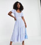 In The Style X Stacey Solomon Sweetheart Neck Tiered Midi Dress In Blue Gingham Print-multi