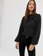 Asos Design Top With Blouson Sleeve And Tie Neck In Spot Mesh Print - Black