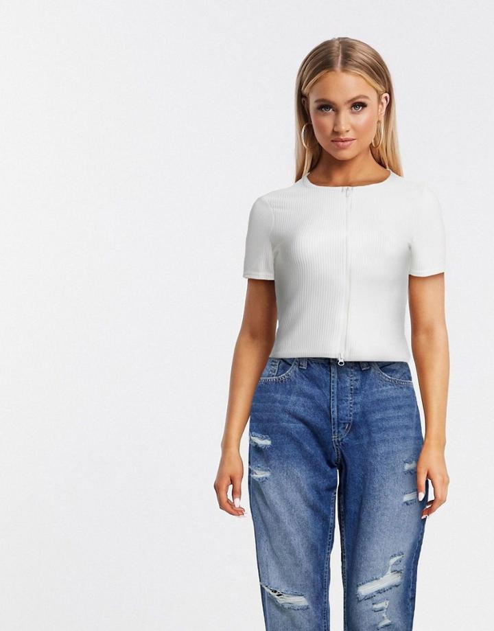 Missguided Double Zip Ribbed Short Sleeve Top In White