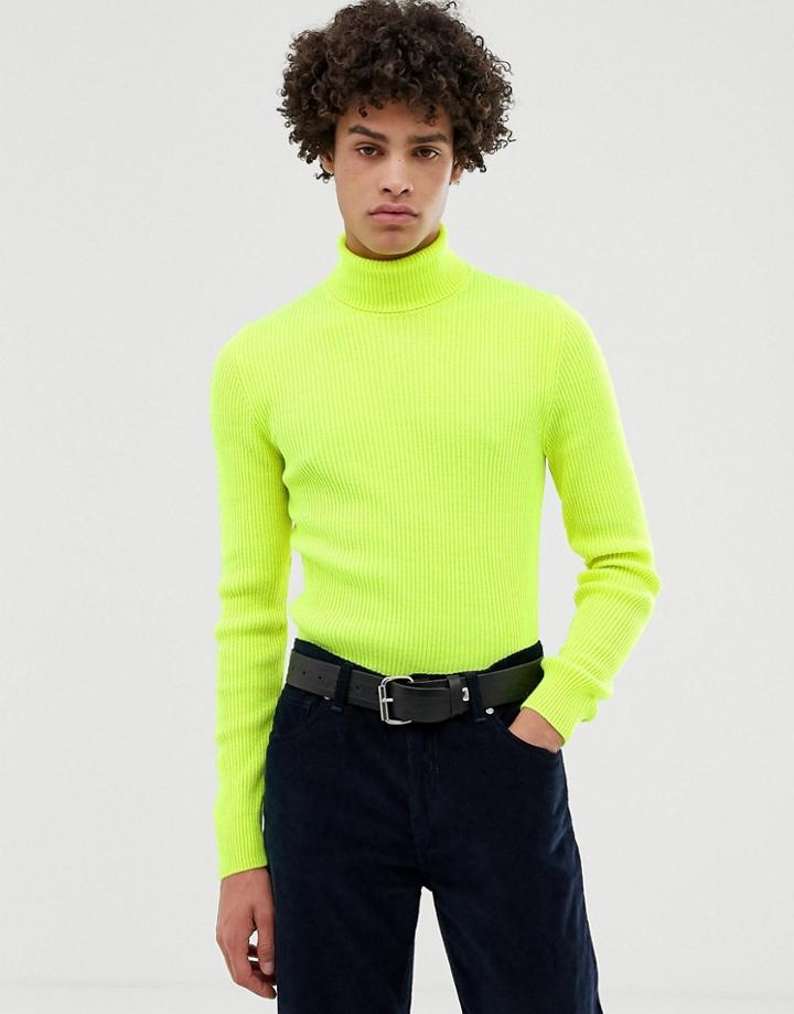 Asos Design Muscle Fit Ribbed Roll Neck Sweater In Neon Yellow - Green