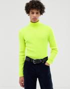 Asos Design Muscle Fit Ribbed Roll Neck Sweater In Neon Yellow - Green