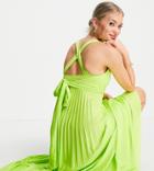 Asos Design Tall Plunge Halter Cross Back Self Tie Pleated Maxi Dress In Lime-green