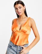 Asos Design V Neck Satin Cami With Gather And Seam Detail In Orange