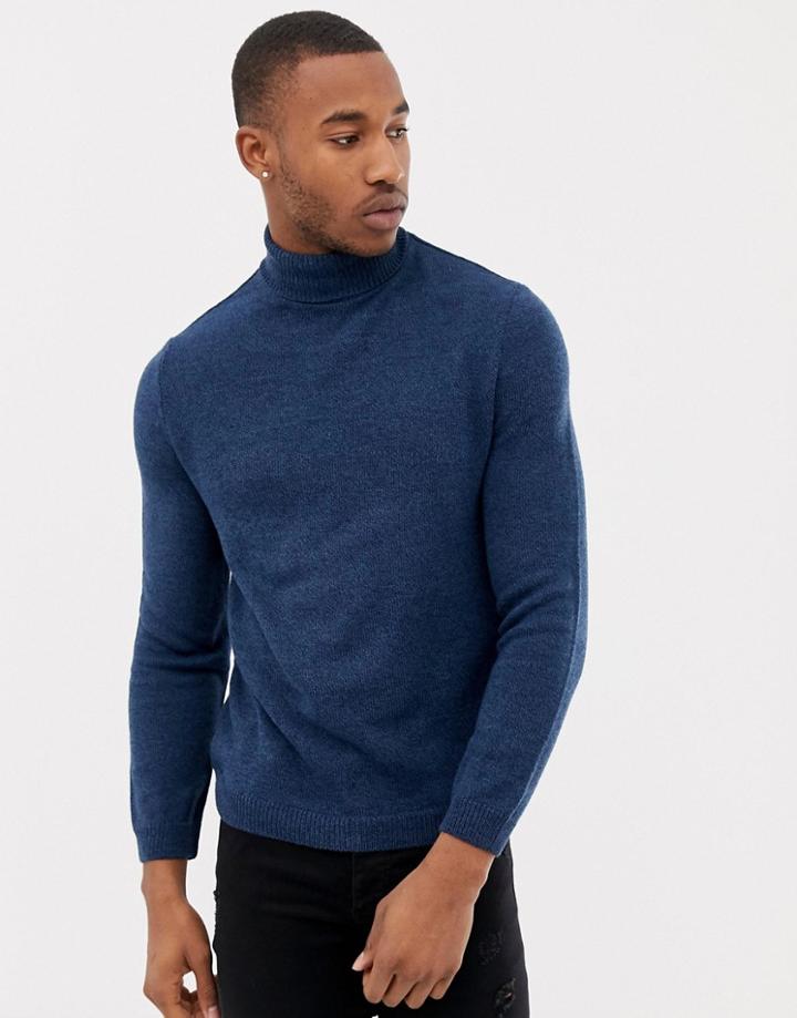 Asos Design Roll Neck Sweater In Black & Navy Twist - Navy