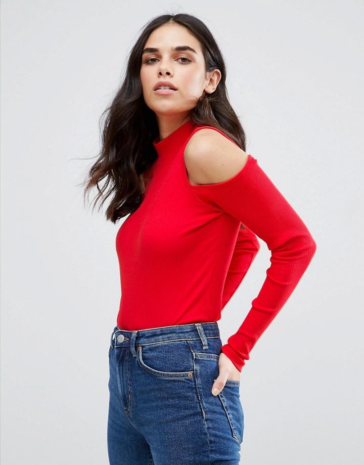 Vila Cold Shoulder Ribbed Top - Red