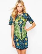 Asos Peacock Embroidered Shift Dress - Multi