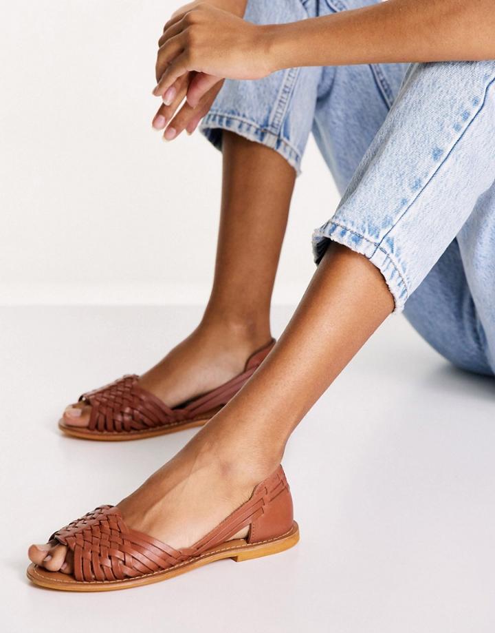 Asos Design Francis Leather Woven Flat Sandals In Tan-brown
