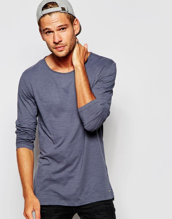 Esprit Long Sleeve T-shirt In Slub Fabric - Washed Blue