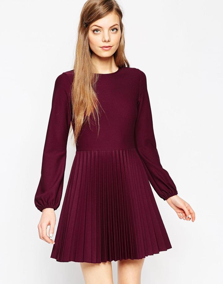 Asos Textured Skater Dress With Pleated Hem - Purple