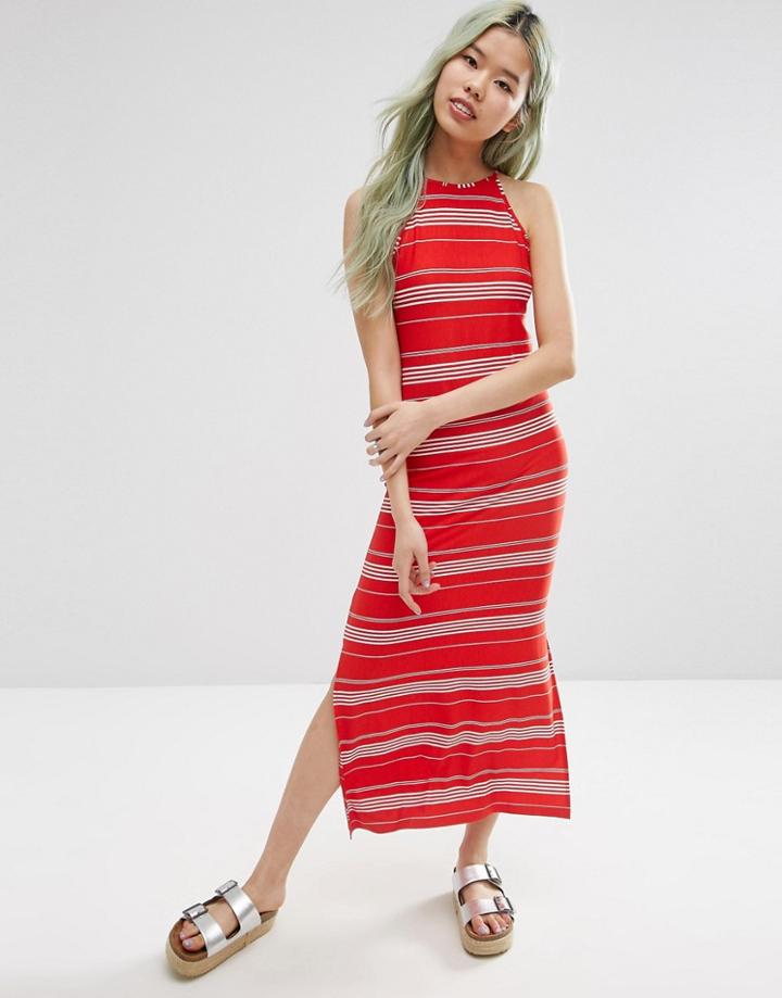Asos High Neck Maxi Dress In Stripe - Red