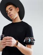 Asos Design Festival Relaxed Longline T-shirt With Geo-tribal Coin Sleeve Taping - Black