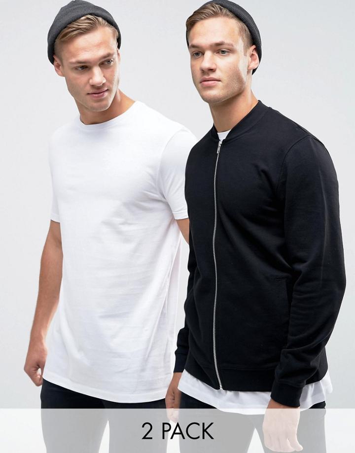Asos Jersey Bomber Jacket/ Longline T-shirt 2 Pack Black/ White - Multi