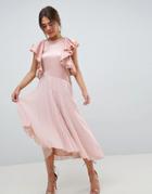Asos Design Matte And Shine Ruffle Sleeve Pleated Midi Dress - Multi