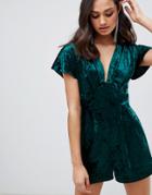 Miss Selfridge Romper With Deep V Neckline In Green Velvet - Green