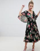 Asos Design Flutter Sleeve Pleated Midi Dress In Dark Floral - Multi