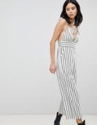 Honey Punch Plunge Front Jumpsuit In Stripe - White
