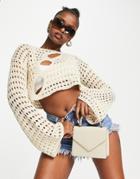 I Saw It First Crochet Crop Top With Fluted Sleeves In Stone-neutral