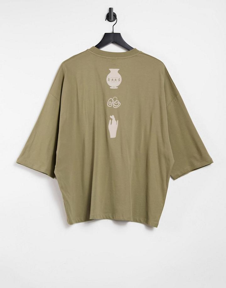 Asos Design Oversized T-shirt In Khaki With Back Print-green
