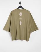 Asos Design Oversized T-shirt In Khaki With Back Print-green