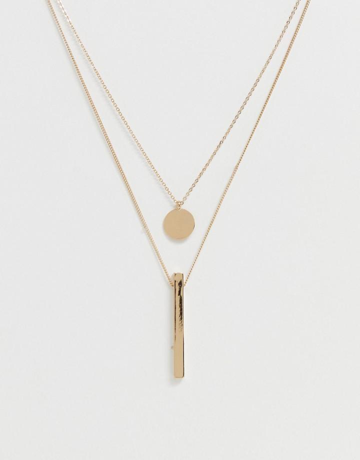 Monki Multi Row Chain Necklace With Disc In Gold - Gold