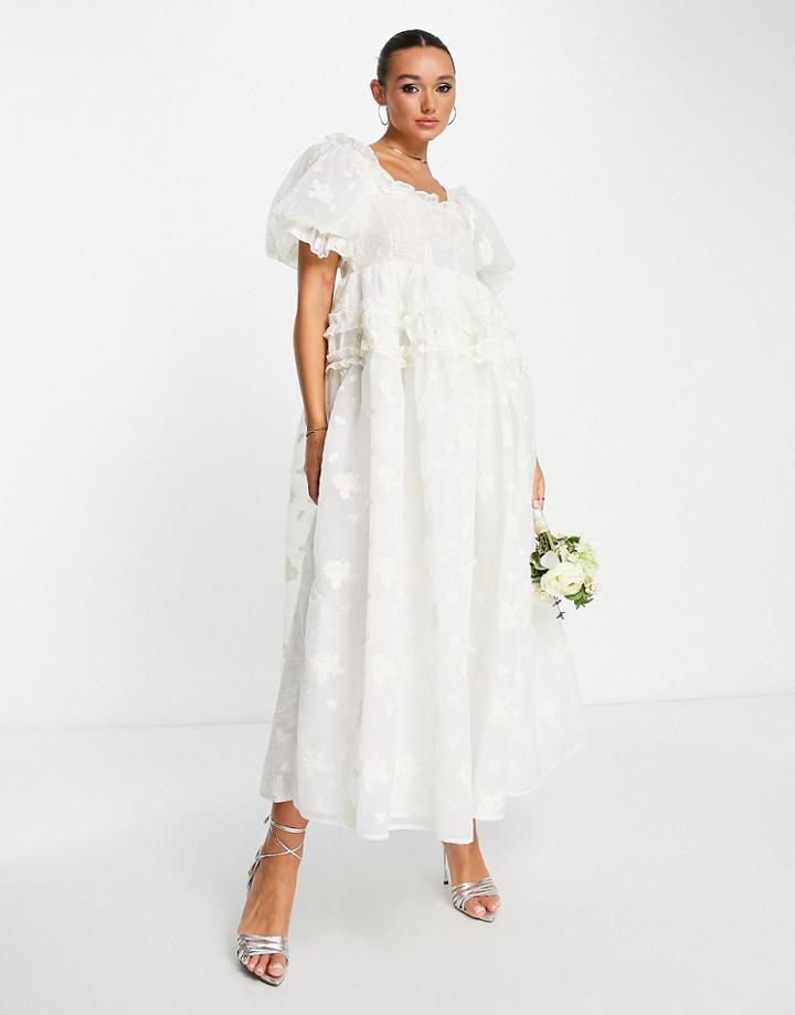Dream Sister Jane Bridal Puff Sleeve Organza Maxi Dress In White Floral