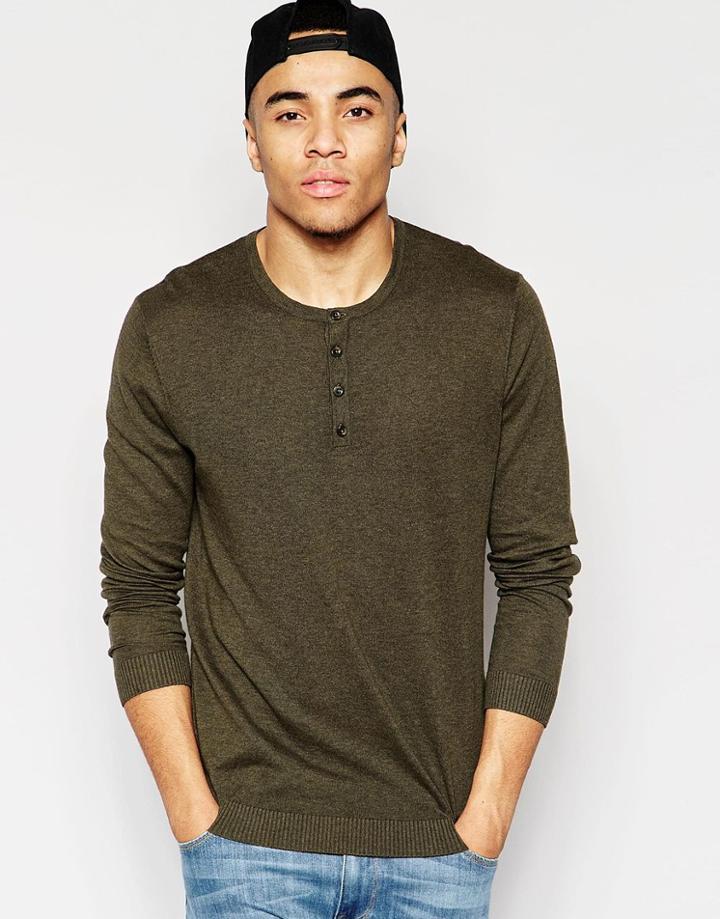 Asos Grandad Neck Sweater In Khaki Cotton - Navy Twist