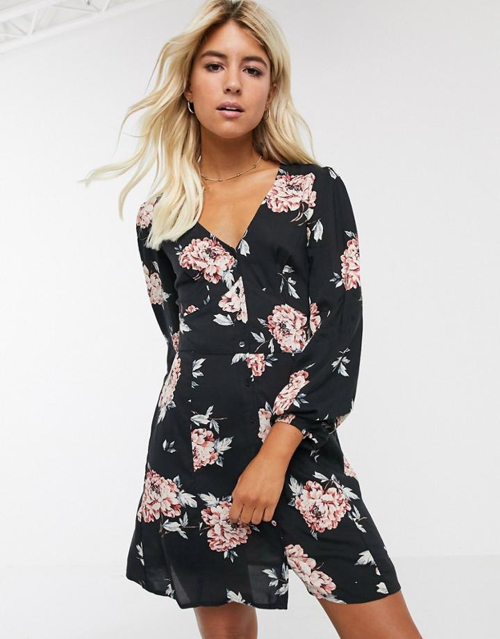 Miss Selfridge Button Front Tea Dress In Black Floral
