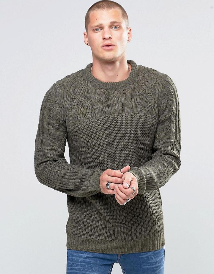 Blend Crew Slim Heavy Knit Sweater Cable Top Ivy Green - Green