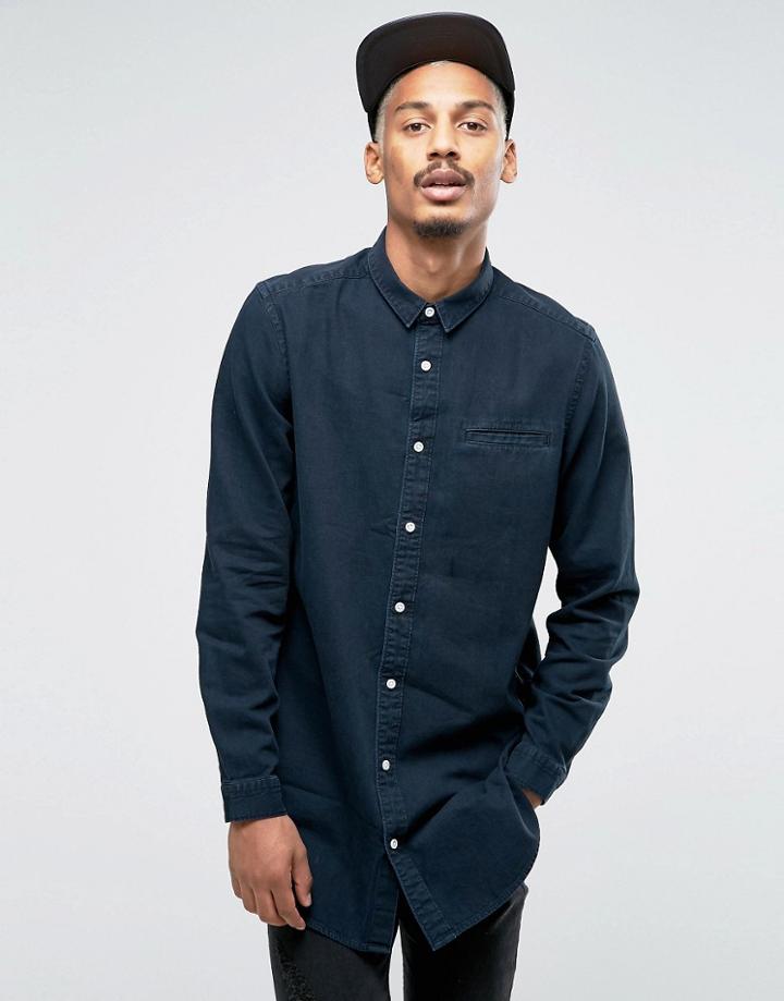 Asos Super Longline Denim Shirt With Mini Collar In Black Overdye - Bl