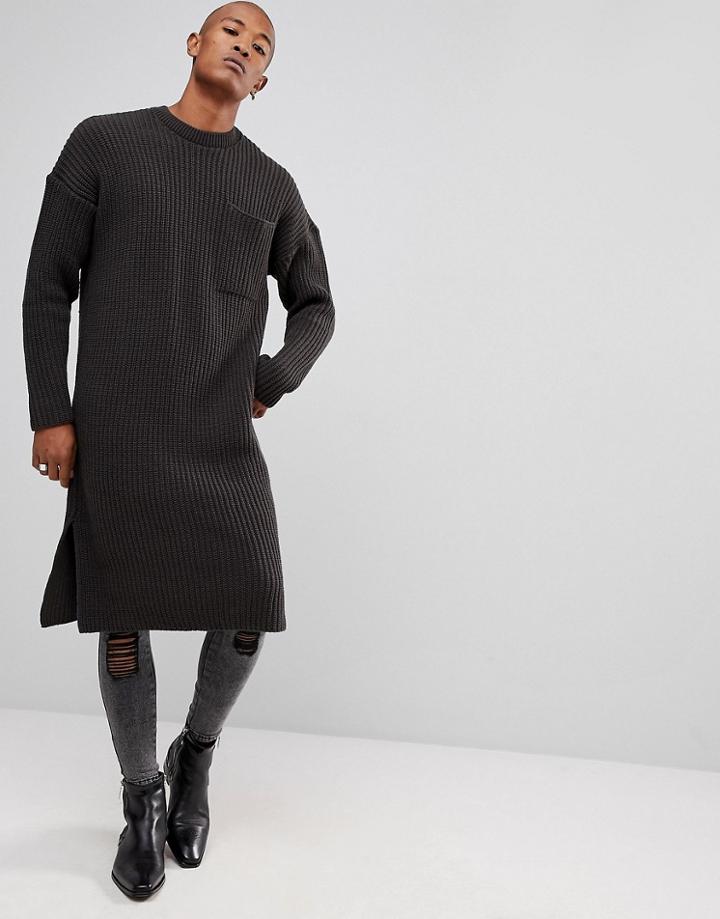 Asos Textured Super Longline Sweater In Charcoal - Gray