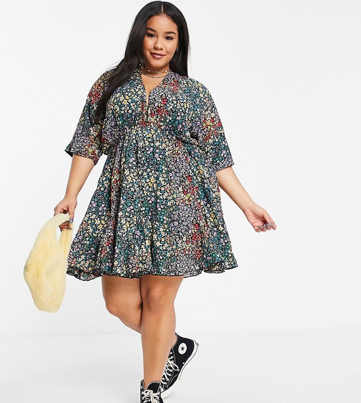 Asos Design Curve V Front V Back Godet Skater Mini Dress In Mixed Ditsy Floral Print-multi