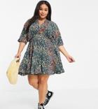Asos Design Curve V Front V Back Godet Skater Mini Dress In Mixed Ditsy Floral Print-multi
