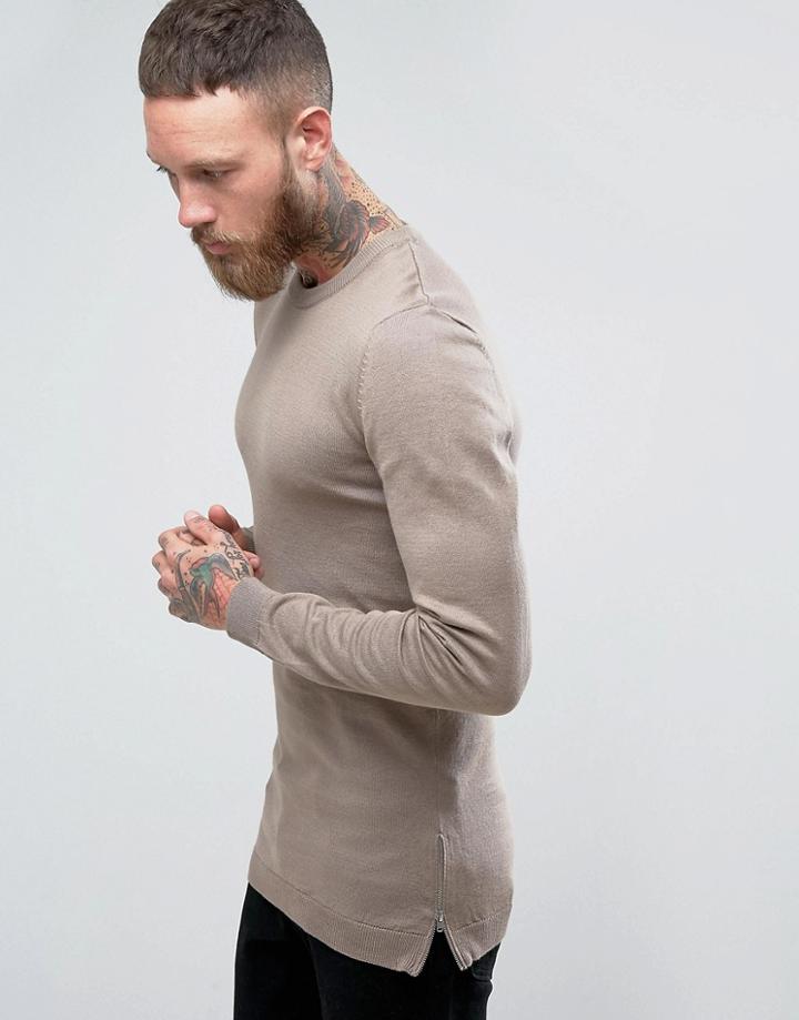 Asos Muscle Fit Longline Sweater With Side Zips In Oatmeal - Beige