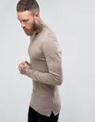Asos Muscle Fit Longline Sweater With Side Zips In Oatmeal - Beige