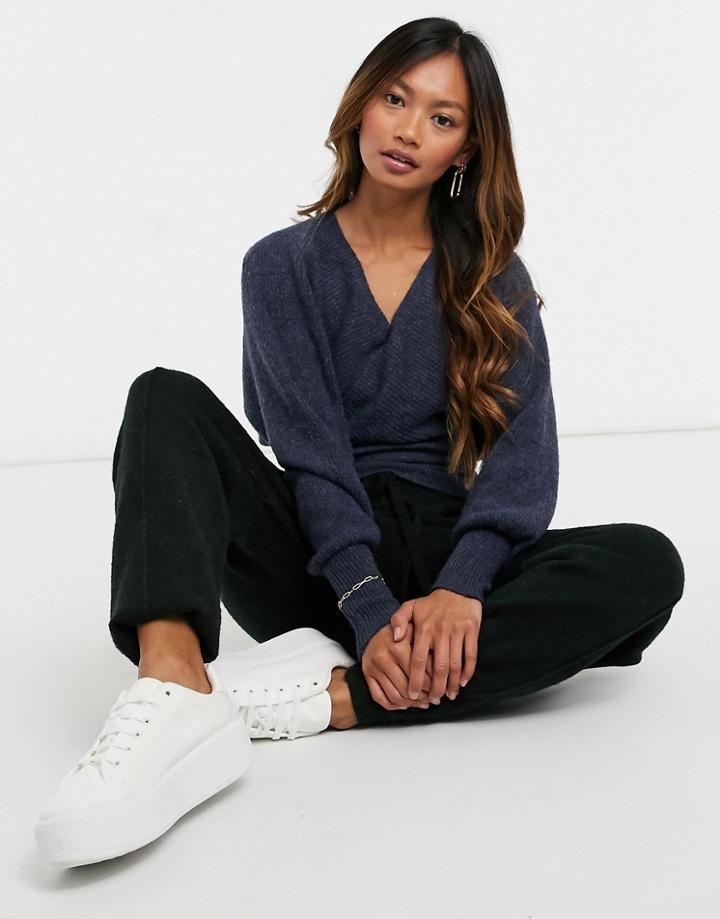 Y.a.s Wrap Sweater With Deep Waistband And Open Back In Navy