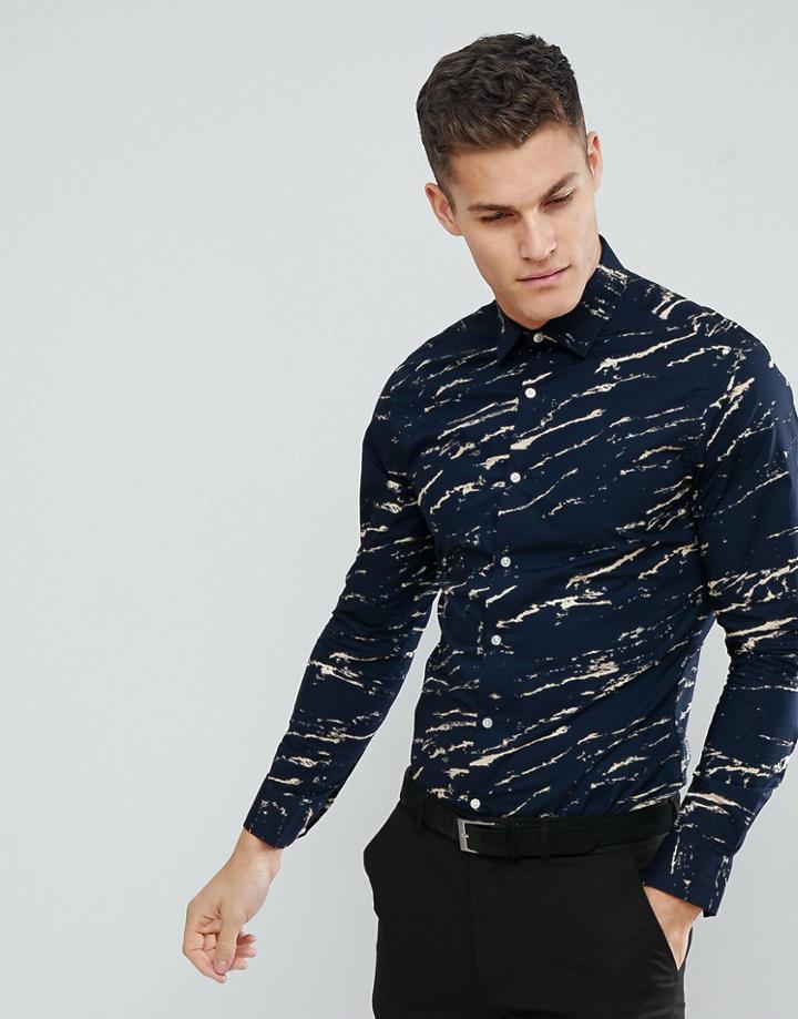 Moss London Extra Slim Smart Shirt In Print - Navy