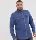 Asos Design Plus Stretch Slim Denim Western Shirt In Mid Wash-blue