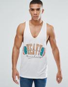 Asos Extreme Racer Back Tank With Heavy Print On Linen Mix Fabric - White