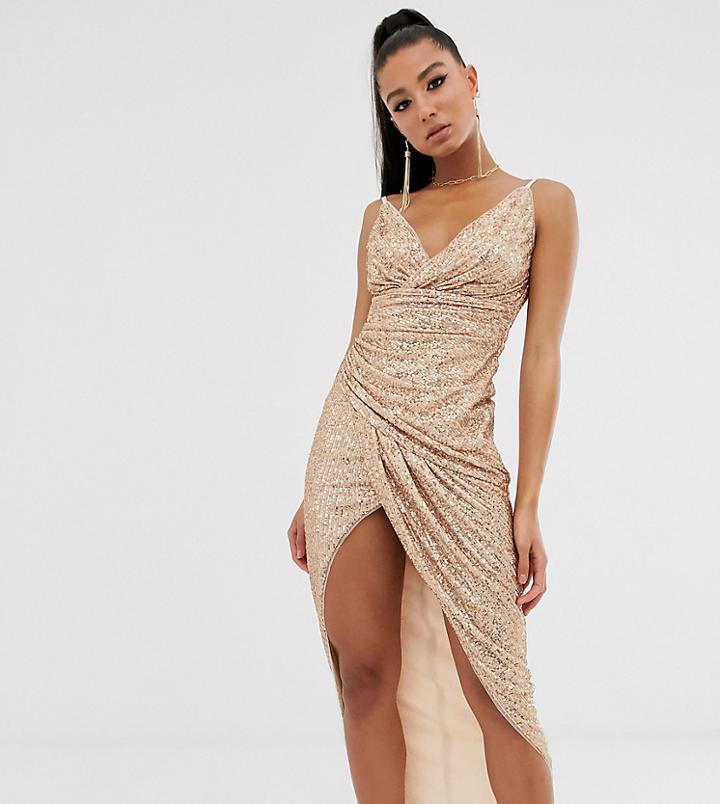 Tfnc Wrap Front Sequin Maxi Dress In Rose Gold - Gold