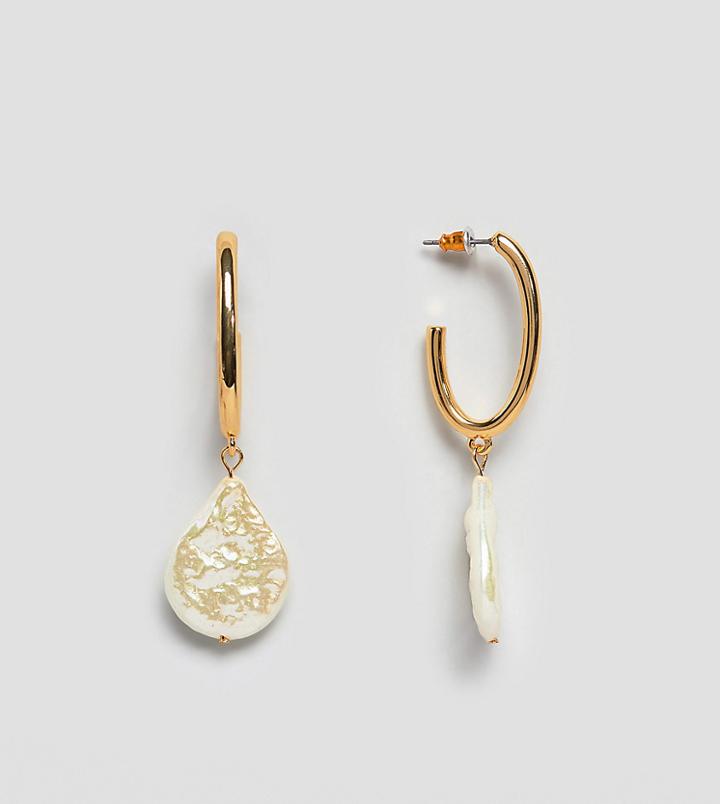 Asos Design Gold Plated Hoop Earrings With Faux Fresh Water Pearl - Gold