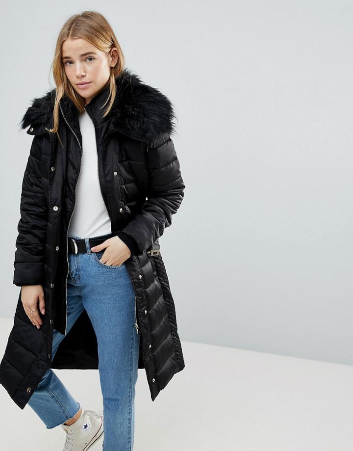 Miss Selfridge Faux Fur Collar Longline Padded Coat - Black
