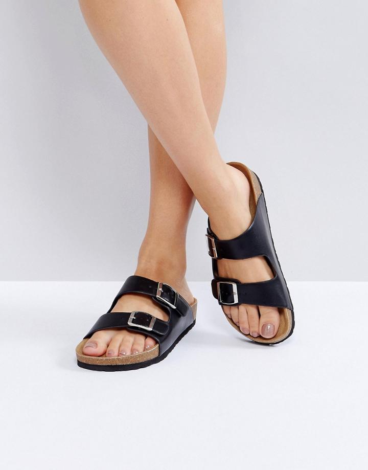 London Rebel Double Buckle Flat Sandals - Black