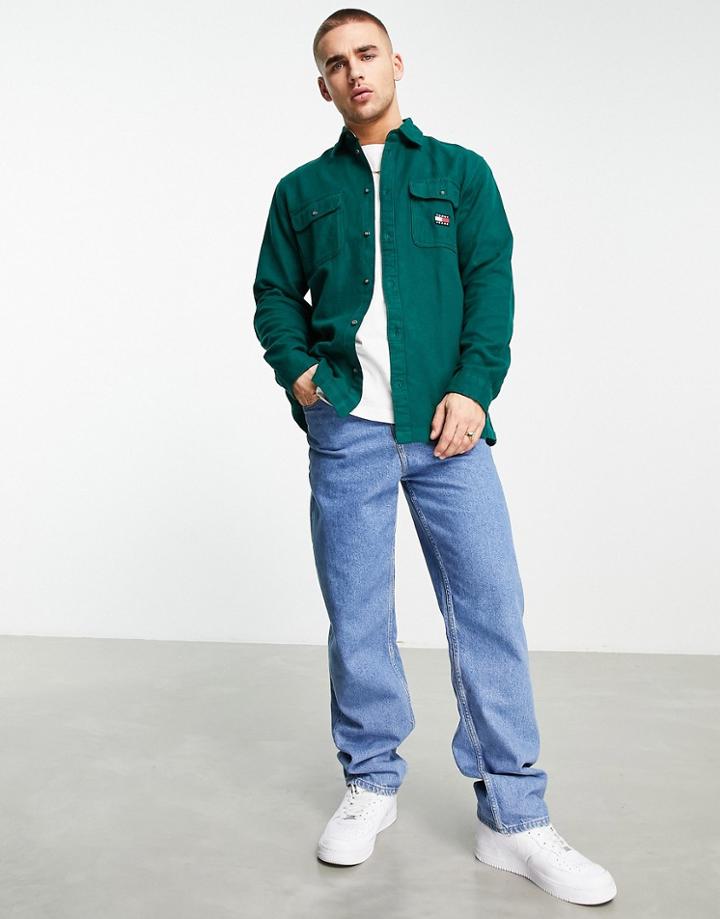 Tommy Jeans Badge Logo Brushed Twill Relaxed Fit Overshirt In Green