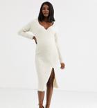 Asos Design Maternity Knit Rib Midi Dress With Wrap Detail-stone