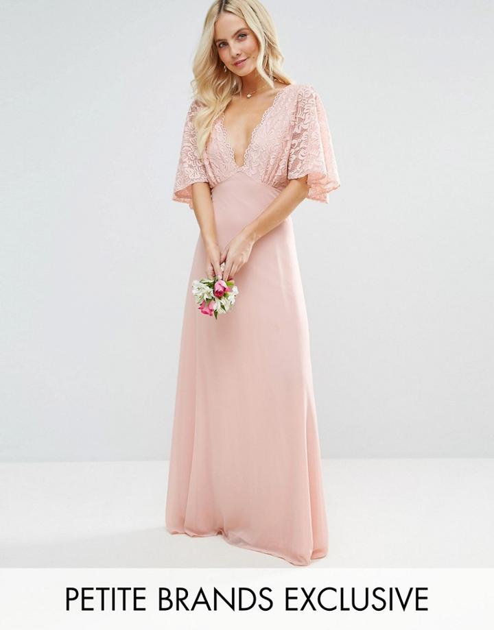 John Zack Petite Open Back Maxi Dress With Fluted Lace Sleeve - Pink