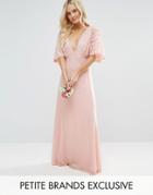 John Zack Petite Open Back Maxi Dress With Fluted Lace Sleeve - Pink