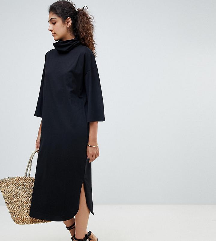 Asos Design Tall High Neck Midi Swing Dress With Trumpet Sleeves-black