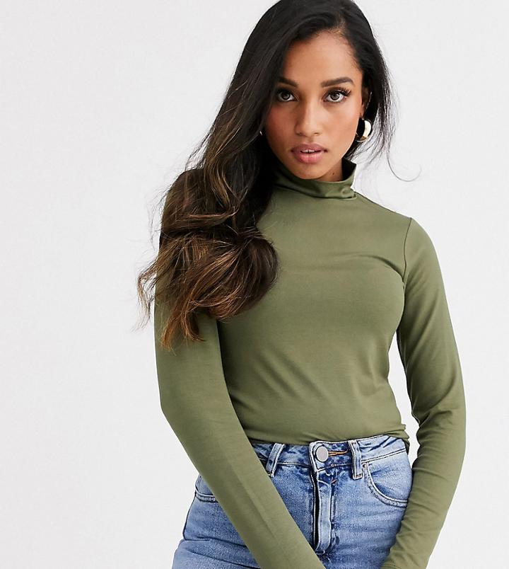 Asos Design Petite Turtleneck Long Sleeve Top In Khaki