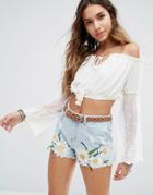 Kiss The Sky Off Shoulder Crop Top With Wide Lace Sleeves - Cream
